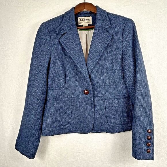 L.L.‎ Bean Women's Wool Blazer Jacket 14 Petite Blue Herringbone Embroidered Dog - Picture 1 of 14